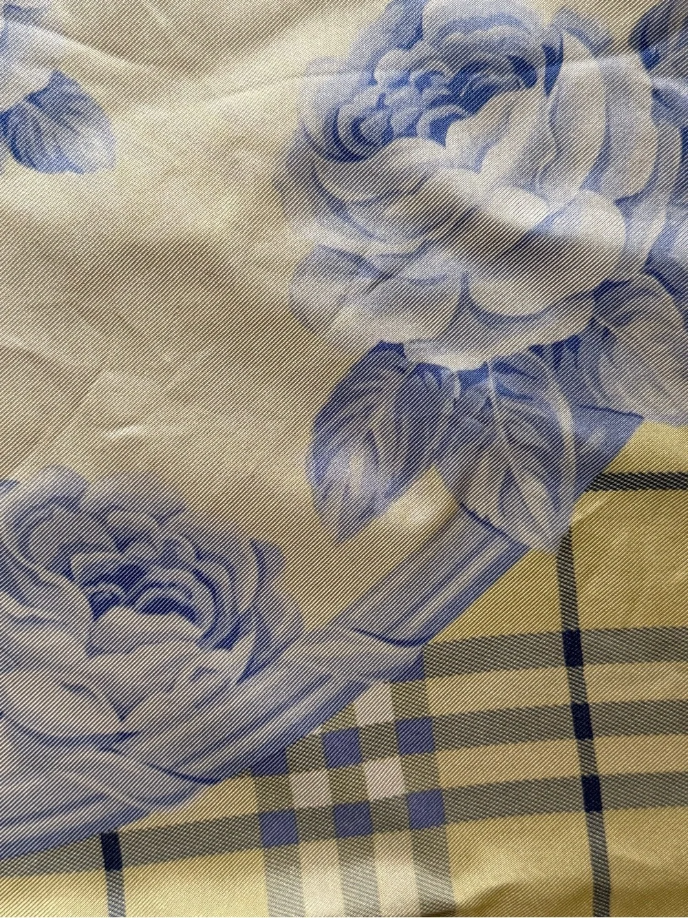 Burberry Cream and Blue Plaid Floral Silk Scarf. Vintage. Brand New.